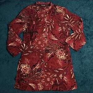 New York and Company Size XS Red Paisley Tunic Button Down Shirt Lightweight